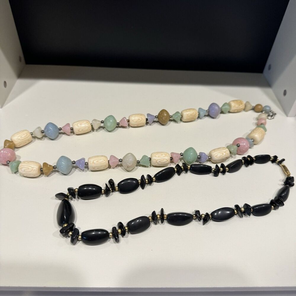 Vintage Necklaces Set of 2 Beaded Black Pastel Stone Boho Grandma Festival Y2K